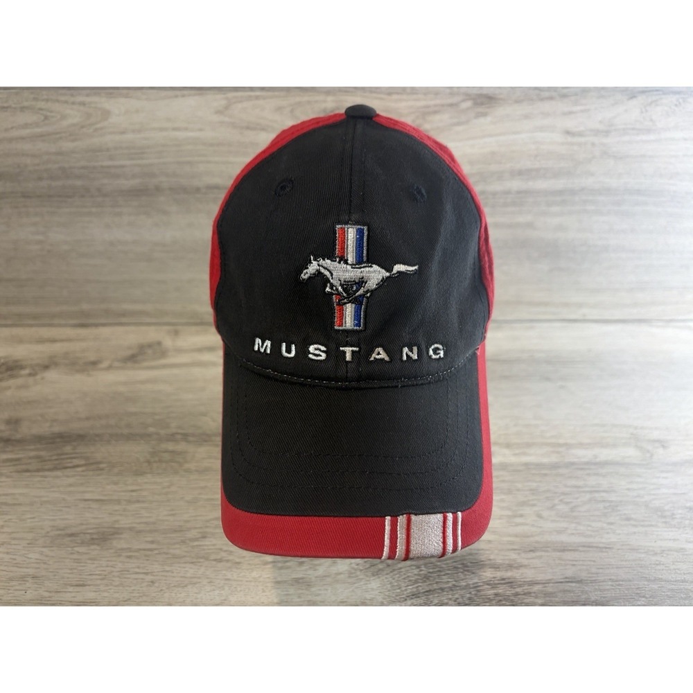 Ford Mustang Hat Cap Black Red Tri Stripe Adjustable Running Horse Pony Logo Car